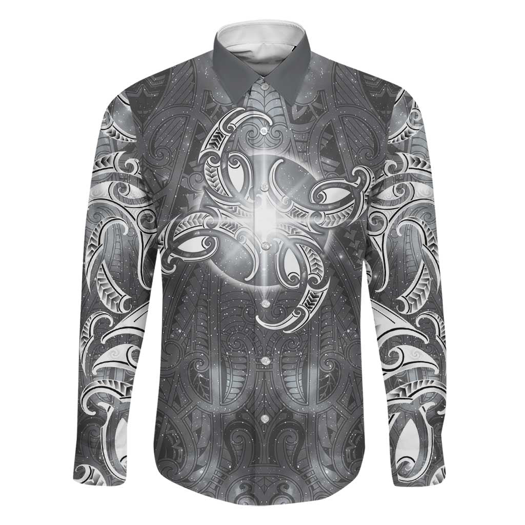 New Zealand Matariki Ururangi Family Matching Summer Maxi Dress and Hawaiian Shirt Maori Moko Grey Galaxy LT05 Dad's Shirt - Long Sleeve Grey - Polynesian Pride