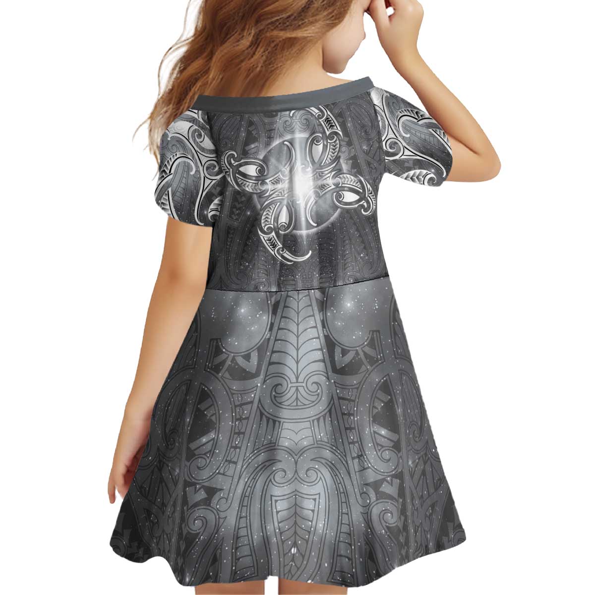 New Zealand Matariki Ururangi Kid Short Sleeve Dress Maori Moko Grey Galaxy LT05 - Polynesian Pride