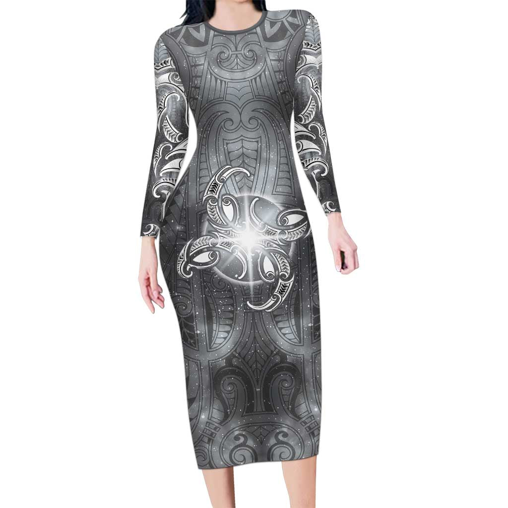 New Zealand Matariki Ururangi Long Sleeve Bodycon Dress Maori Moko Grey Galaxy LT05 Long Dress Grey - Polynesian Pride