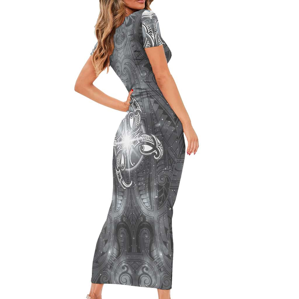 New Zealand Matariki Ururangi Short Sleeve Bodycon Dress Maori Moko Grey Galaxy LT05 - Polynesian Pride