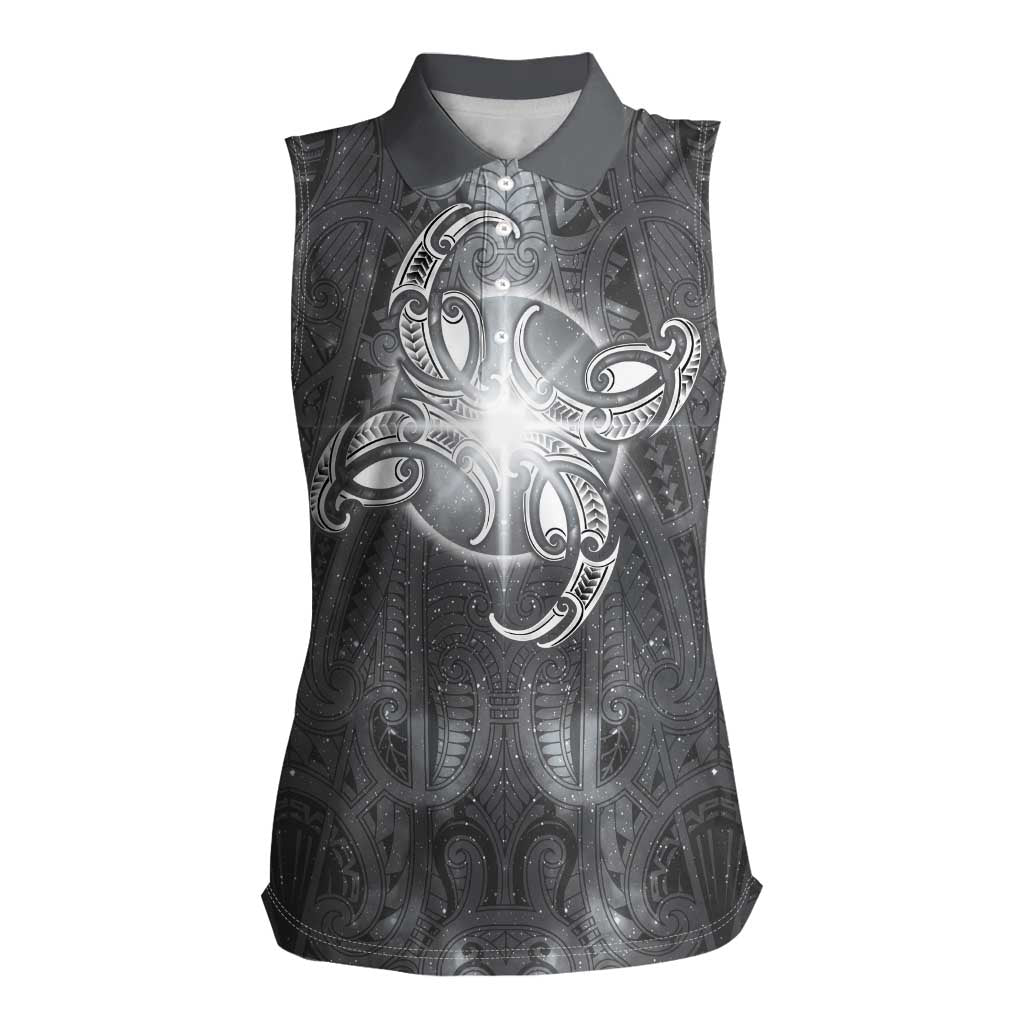 New Zealand Matariki Ururangi Women Sleeveless Polo Shirt Maori Moko Grey Galaxy