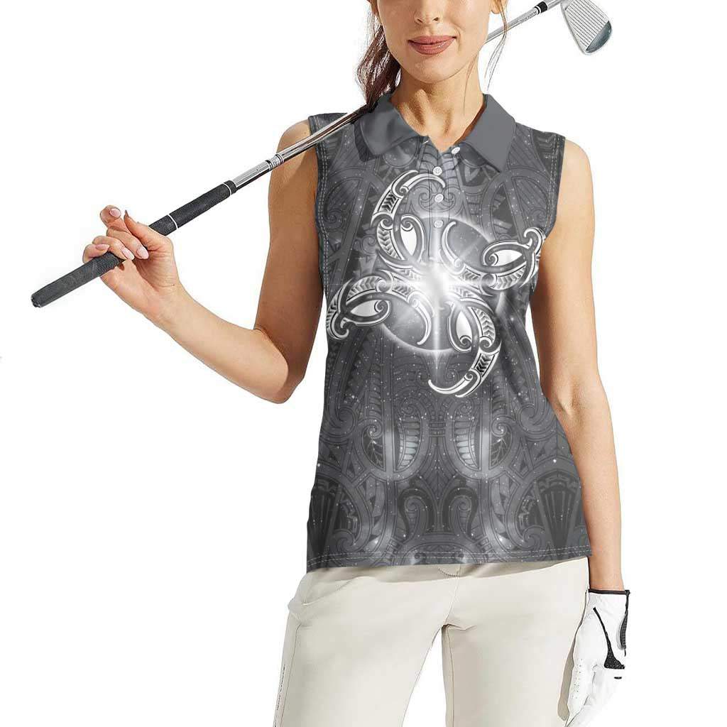New Zealand Matariki Ururangi Women Sleeveless Polo Shirt Maori Moko Grey Galaxy