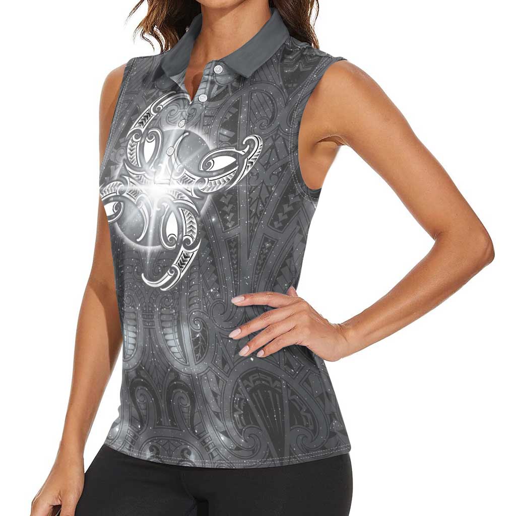 New Zealand Matariki Ururangi Women Sleeveless Polo Shirt Maori Moko Grey Galaxy