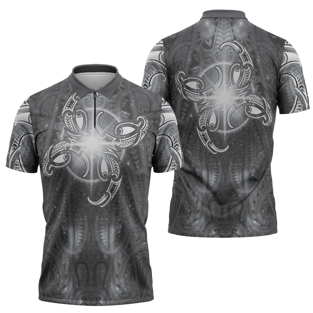 New Zealand Matariki Ururangi Zipper Polo Shirt Maori Moko Grey Galaxy LT05 - Polynesian Pride