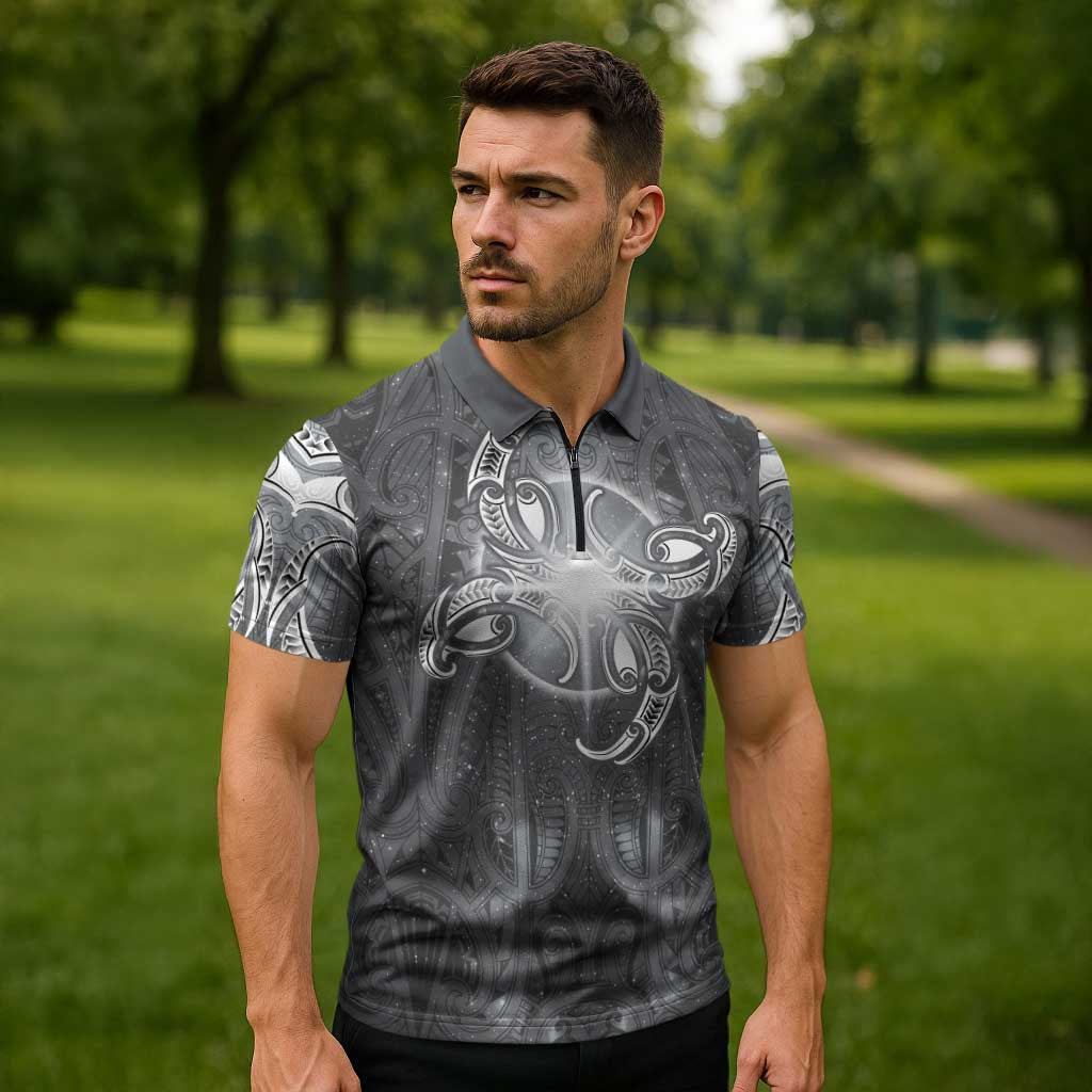 New Zealand Matariki Ururangi Zipper Polo Shirt Maori Moko Grey Galaxy LT05 - Polynesian Pride
