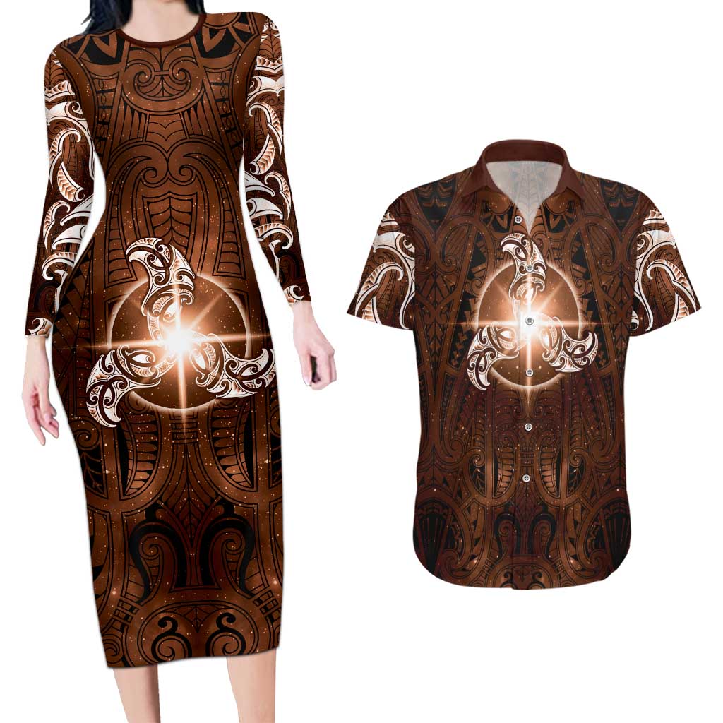 New Zealand Matariki Tupuanuku Couples Matching Long Sleeve Bodycon Dress and Hawaiian Shirt Maori Moko Brown Galaxy