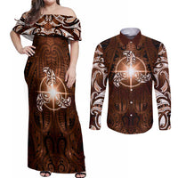 New Zealand Matariki Tupuanuku Couples Matching Off Shoulder Maxi Dress and Long Sleeve Button Shirt Maori Moko Brown Galaxy