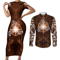 New Zealand Matariki Tupuanuku Couples Matching Short Sleeve Bodycon Dress and Long Sleeve Button Shirt Maori Moko Brown Galaxy LT05 Brown - Polynesian Pride