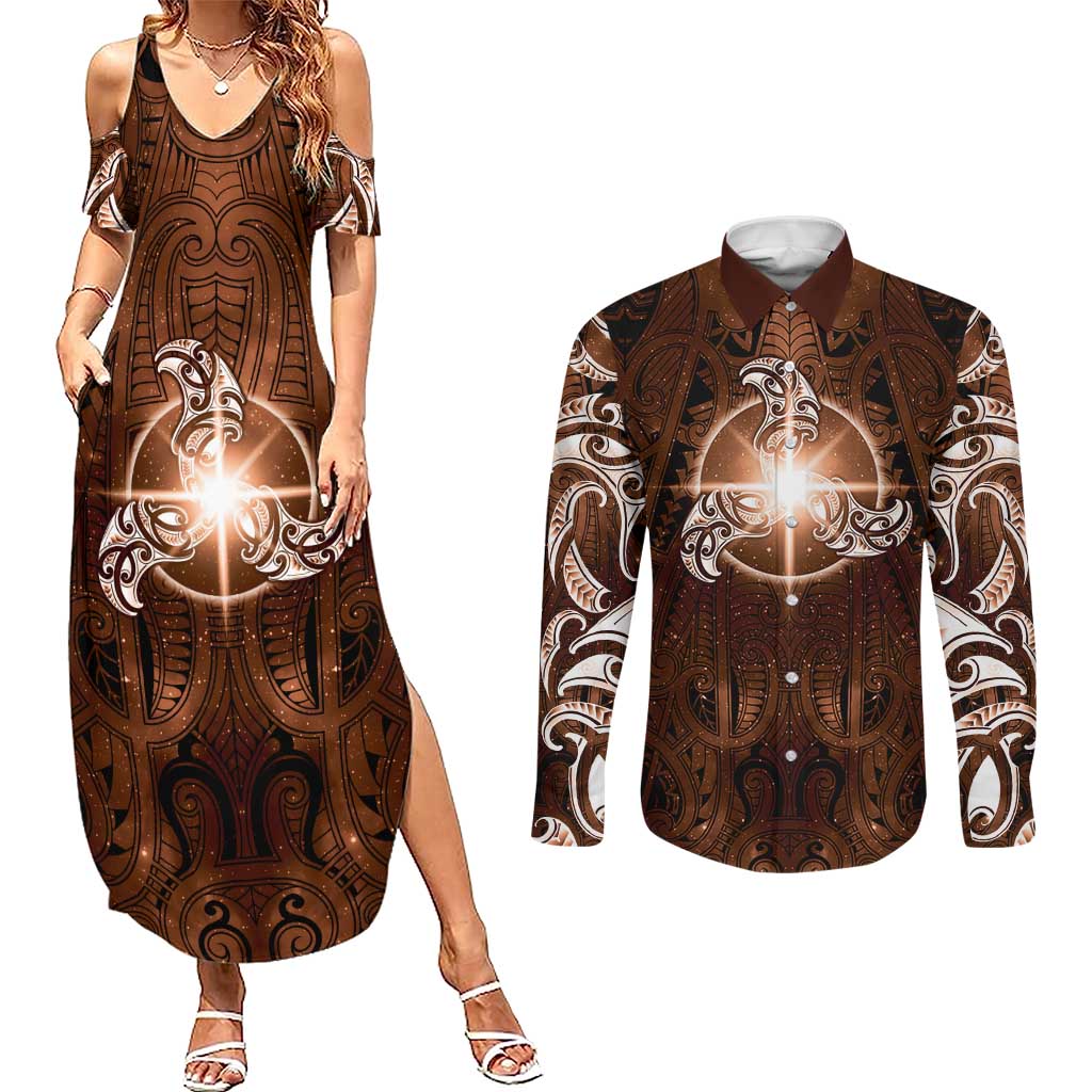 New Zealand Matariki Tupuanuku Couples Matching Summer Maxi Dress and Long Sleeve Button Shirt Maori Moko Brown Galaxy
