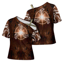 New Zealand Matariki Tupuanuku Cross Shoulder Shirt Maori Moko Brown Galaxy LT05 - Polynesian Pride