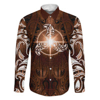 New Zealand Matariki Tupuanuku Family Matching Off The Shoulder Long Sleeve Dress and Hawaiian Shirt Maori Moko Brown Galaxy LT05 Dad's Shirt - Long Sleeve Brown - Polynesian Pride