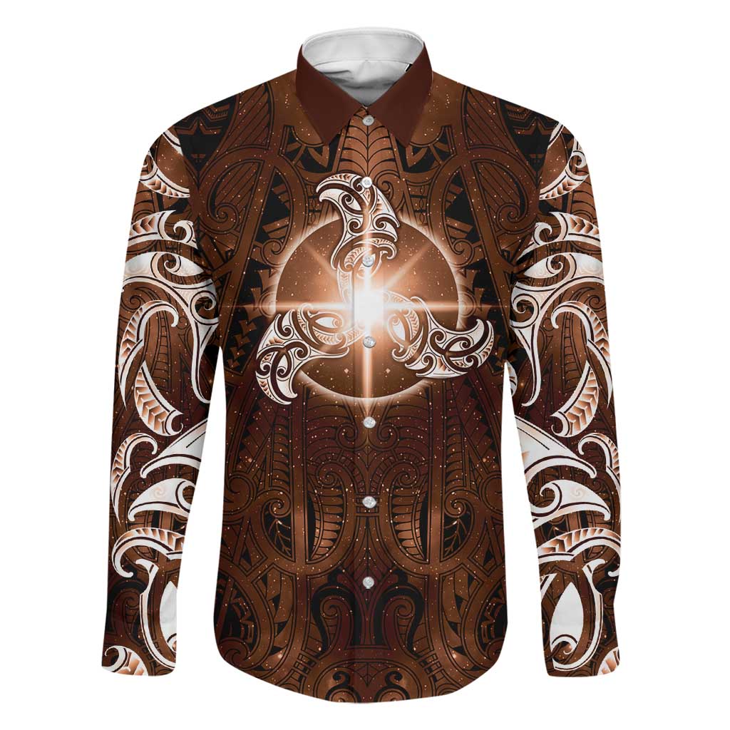 New Zealand Matariki Tupuanuku Family Matching Off Shoulder Maxi Dress and Hawaiian Shirt Maori Moko Brown Galaxy LT05 Dad's Shirt - Long Sleeve Brown - Polynesian Pride