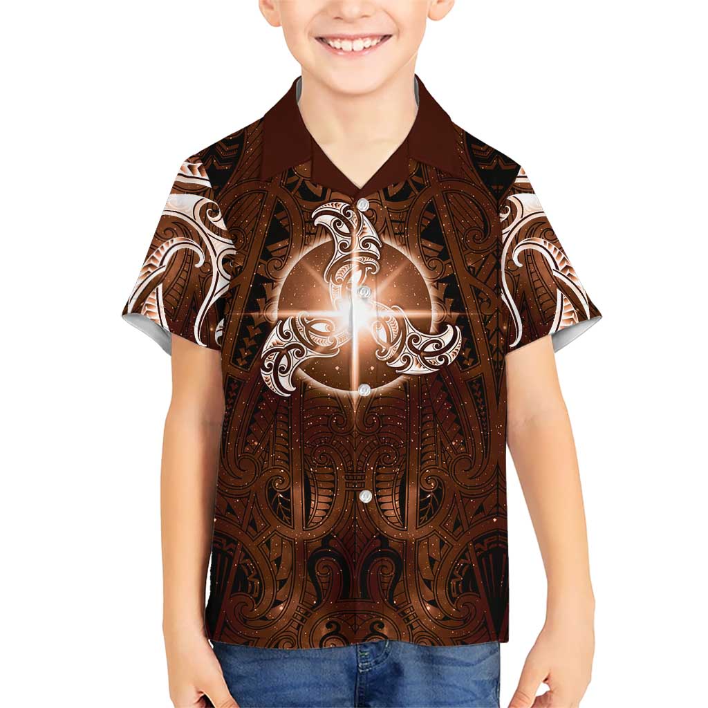 New Zealand Matariki Tupuanuku Family Matching Short Sleeve Bodycon Dress and Hawaiian Shirt Maori Moko Brown Galaxy LT05 Son's Shirt Brown - Polynesian Pride
