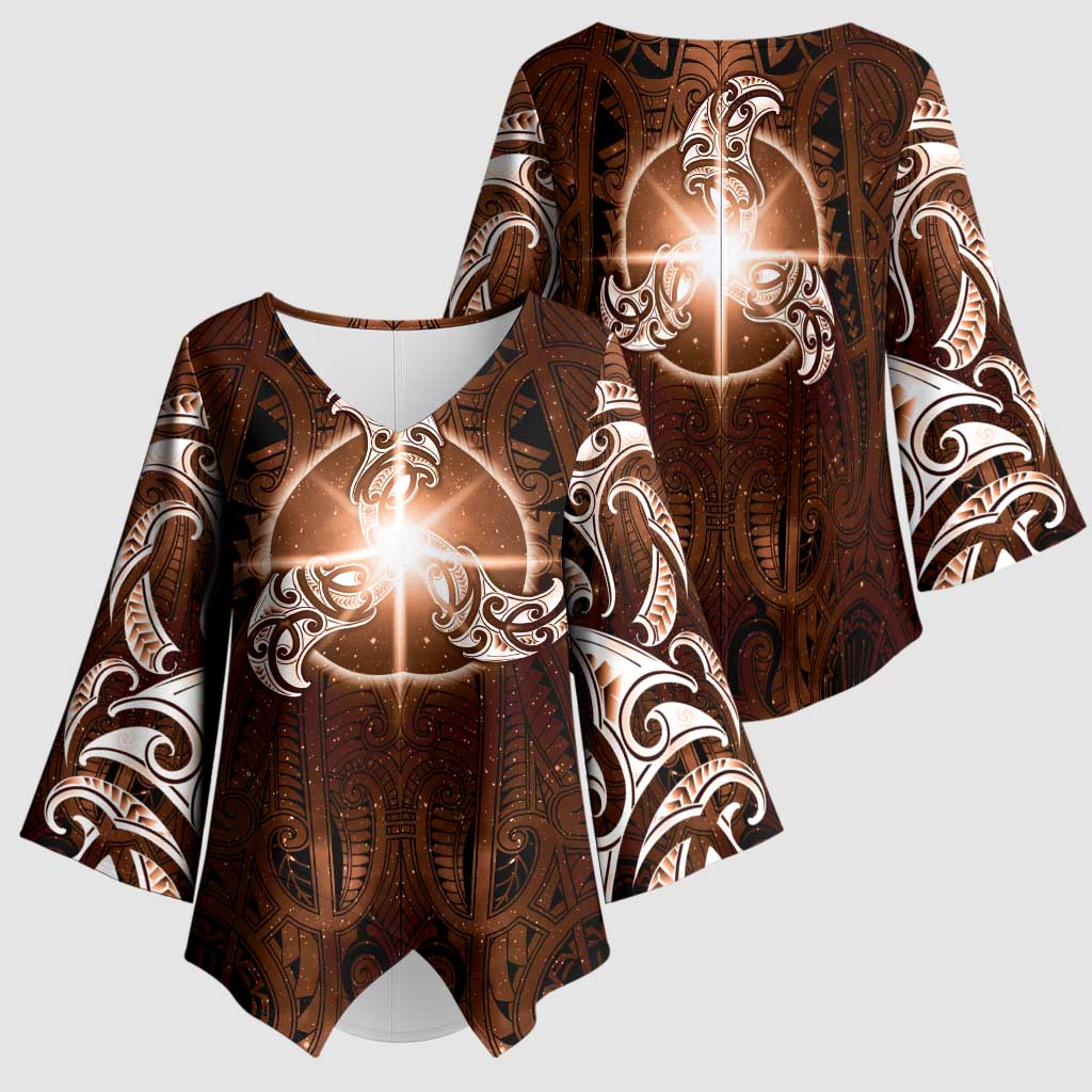 New Zealand Matariki Tupuanuku Kimono Sleeve Blouse Maori Moko Brown Galaxy LT05 - Polynesian Pride