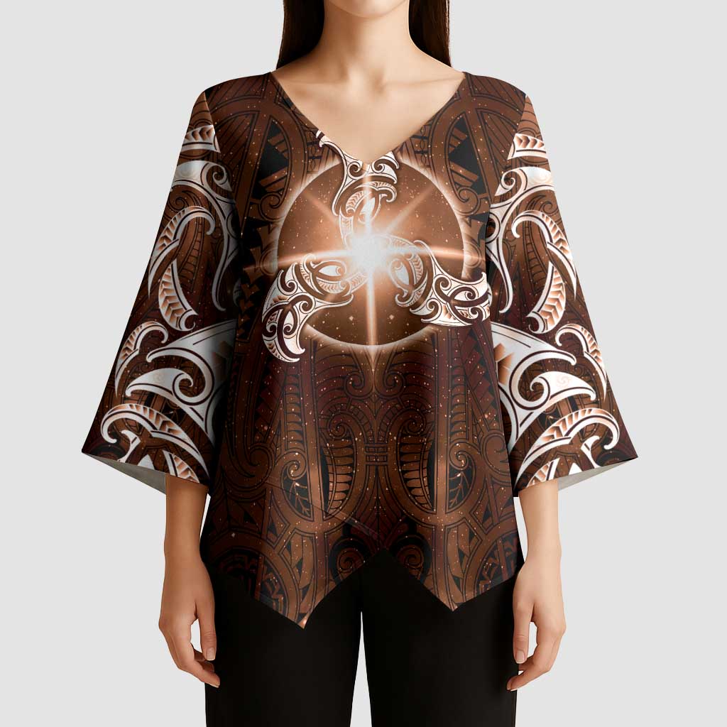 New Zealand Matariki Tupuanuku Kimono Sleeve Blouse Maori Moko Brown Galaxy LT05 - Polynesian Pride