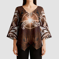 New Zealand Matariki Tupuanuku Kimono Sleeve Blouse Maori Moko Brown Galaxy LT05 - Polynesian Pride