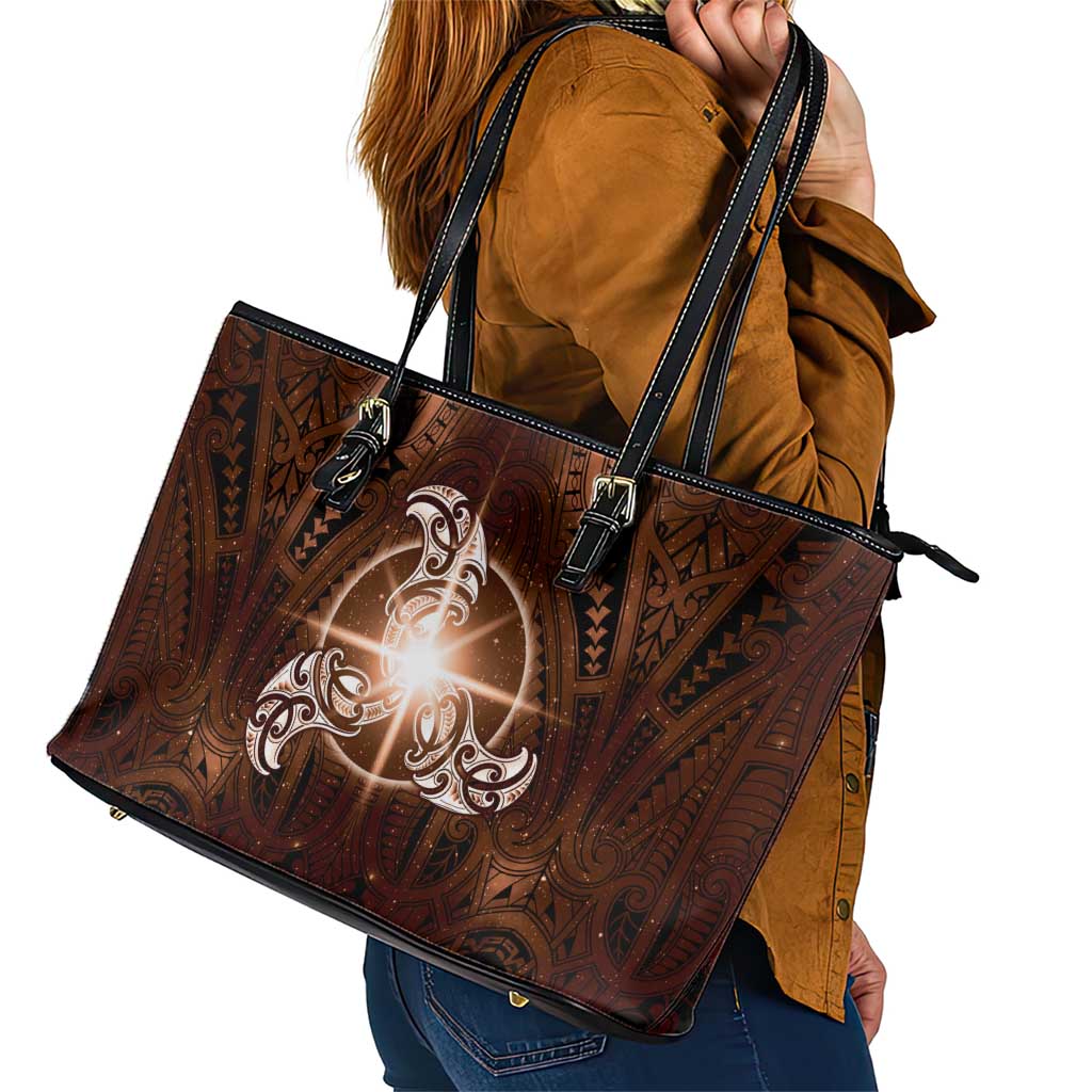 New Zealand Matariki Tupuanuku Leather Tote Bag Maori Moko Brown Galaxy LT05 - Polynesian Pride
