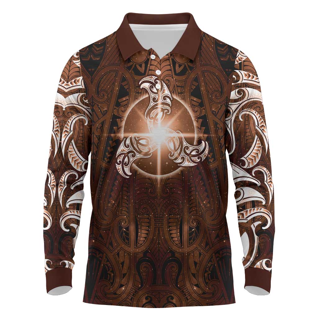 New Zealand Matariki Tupuanuku Long Sleeve Polo Shirt Maori Moko Brown Galaxy