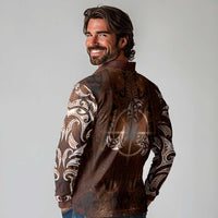 New Zealand Matariki Tupuanuku Long Sleeve Polo Shirt Maori Moko Brown Galaxy