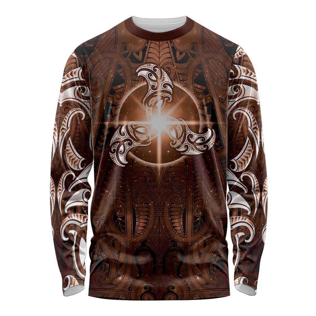 New Zealand Matariki Tupuanuku Long Sleeve Shirt Maori Moko Brown Galaxy LT05 Unisex Brown - Polynesian Pride