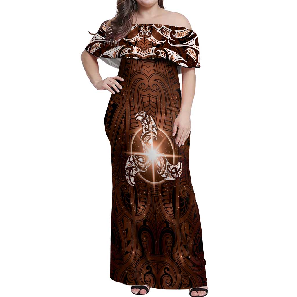 New Zealand Matariki Tupuanuku Off Shoulder Maxi Dress Maori Moko Brown Galaxy LT05 Women Brown - Polynesian Pride
