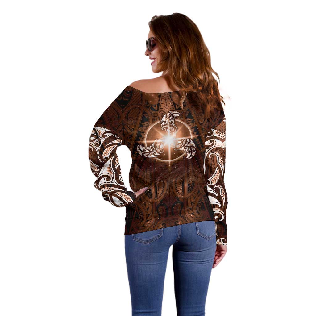 New Zealand Matariki Tupuanuku Off Shoulder Sweater Maori Moko Brown Galaxy LT05 - Polynesian Pride