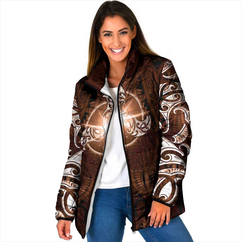 New Zealand Matariki Tupuanuku Padded Jacket Maori Moko Brown Galaxy LT05 Women Brown - Polynesian Pride