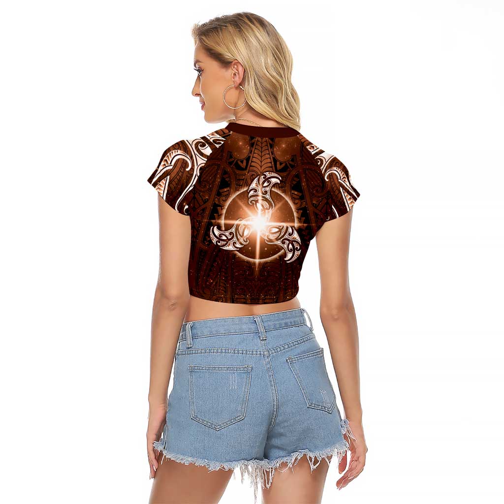 New Zealand Matariki Tupuanuku Raglan Cropped T Shirt Maori Moko Brown Galaxy LT05 - Polynesian Pride
