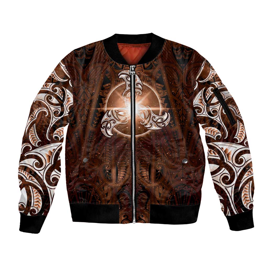 New Zealand Matariki Tupuanuku Sleeve Zip Bomber Jacket Maori Moko Brown Galaxy