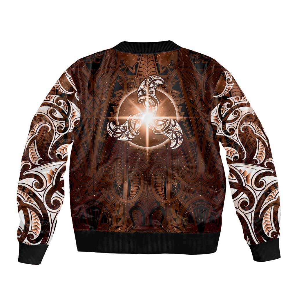 New Zealand Matariki Tupuanuku Sleeve Zip Bomber Jacket Maori Moko Brown Galaxy LT05 - Polynesian Pride