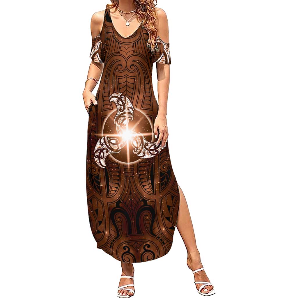 New Zealand Matariki Tupuanuku Summer Maxi Dress Maori Moko Brown Galaxy LT05 Women Brown - Polynesian Pride