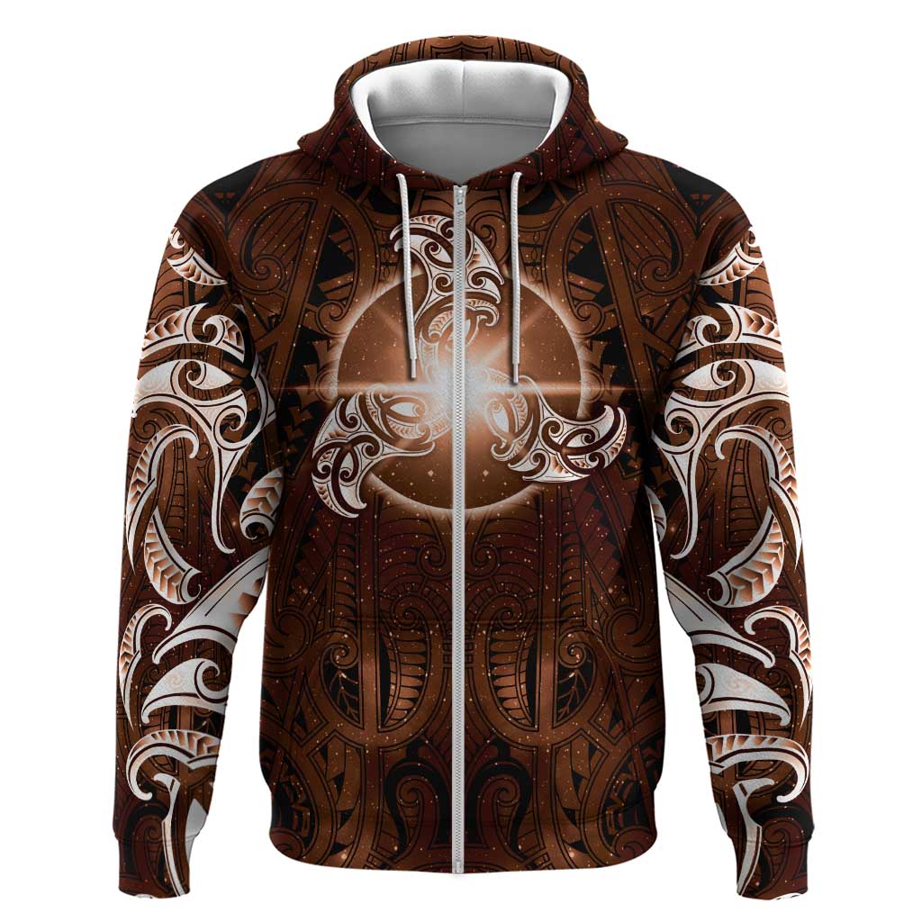 New Zealand Matariki Tupuanuku Zip Hoodie Maori Moko Brown Galaxy LT05 Zip Hoodie Brown - Polynesian Pride
