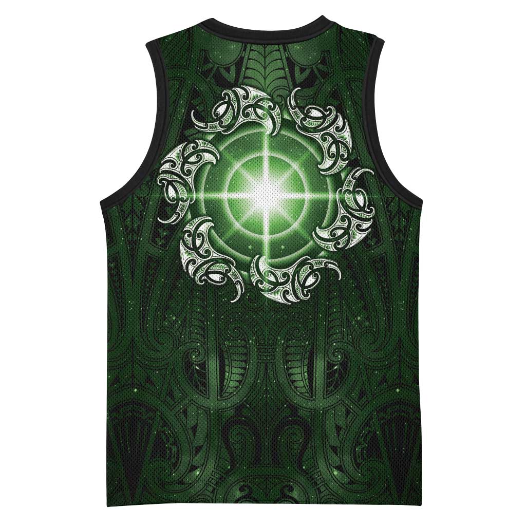 New Zealand Matariki Tupuarangi Basketball Jersey Maori Moko Green Galaxy LT05 - Polynesian Pride