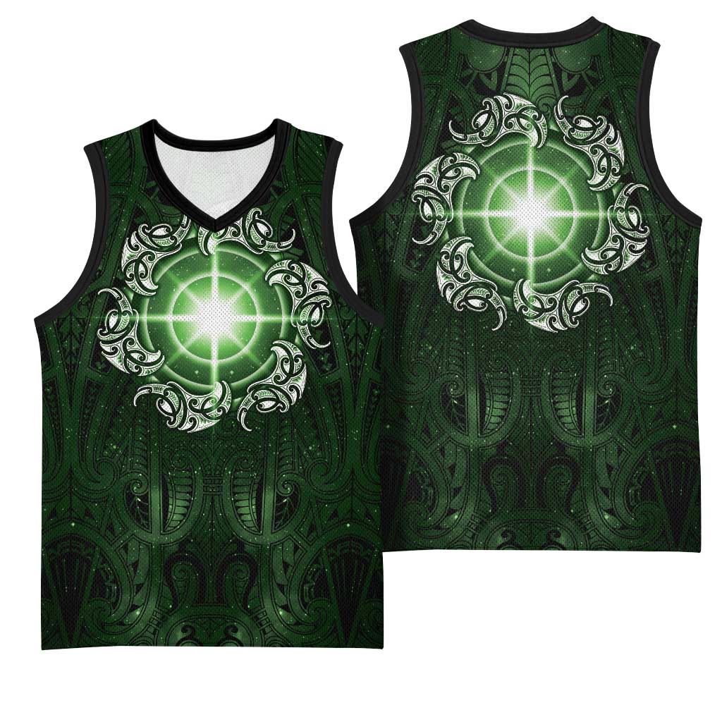 New Zealand Matariki Tupuarangi Basketball Jersey Maori Moko Green Galaxy LT05 - Polynesian Pride