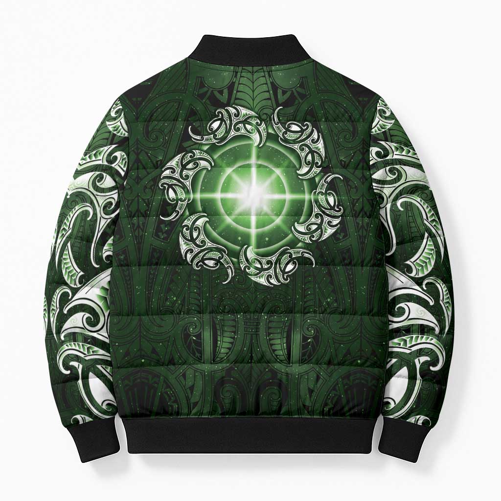 New Zealand Matariki Tupuarangi Bomber Puffer Jacket Maori Moko Green Galaxy
