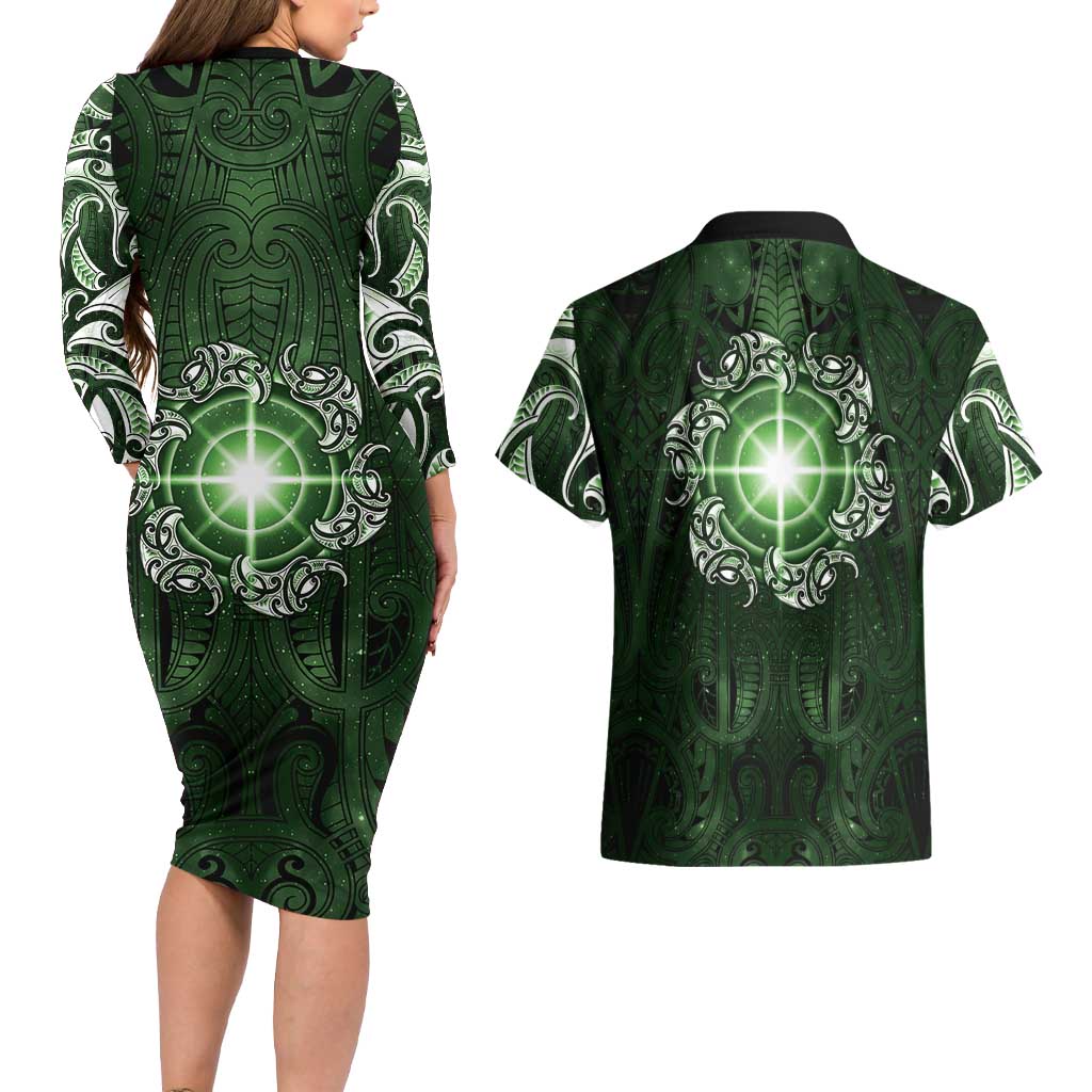 New Zealand Matariki Tupuarangi Couples Matching Long Sleeve Bodycon Dress and Hawaiian Shirt Maori Moko Green Galaxy LT05 - Polynesian Pride