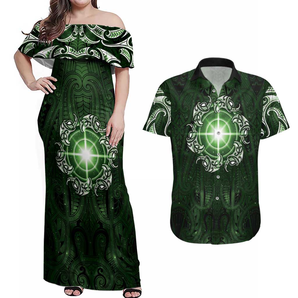 New Zealand Matariki Tupuarangi Couples Matching Off Shoulder Maxi Dress and Hawaiian Shirt Maori Moko Green Galaxy LT05 Green - Polynesian Pride
