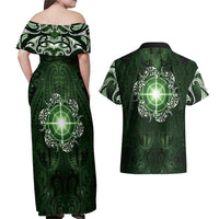 New Zealand Matariki Tupuarangi Couples Matching Off Shoulder Maxi Dress and Hawaiian Shirt Maori Moko Green Galaxy LT05 - Polynesian Pride