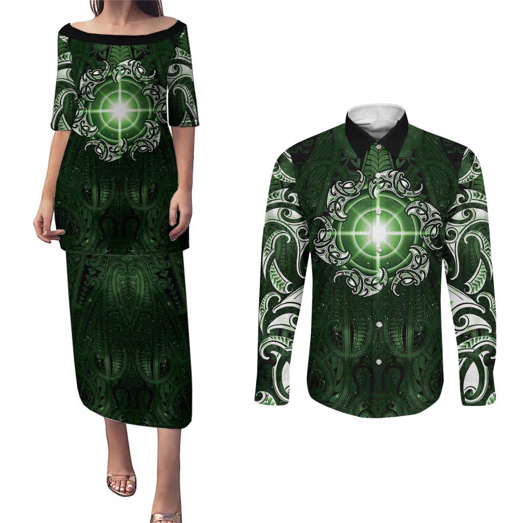 New Zealand Matariki Tupuarangi Couples Matching Puletasi and Long Sleeve Button Shirt Maori Moko Green Galaxy LT05 Green - Polynesian Pride