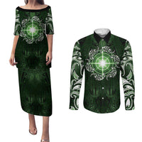 New Zealand Matariki Tupuarangi Couples Matching Puletasi and Long Sleeve Button Shirt Maori Moko Green Galaxy