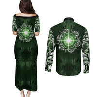New Zealand Matariki Tupuarangi Couples Matching Puletasi and Long Sleeve Button Shirt Maori Moko Green Galaxy