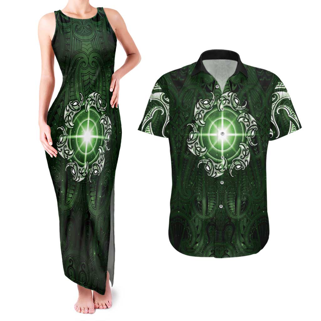 New Zealand Matariki Tupuarangi Couples Matching Tank Maxi Dress and Hawaiian Shirt Maori Moko Green Galaxy LT05 Green - Polynesian Pride