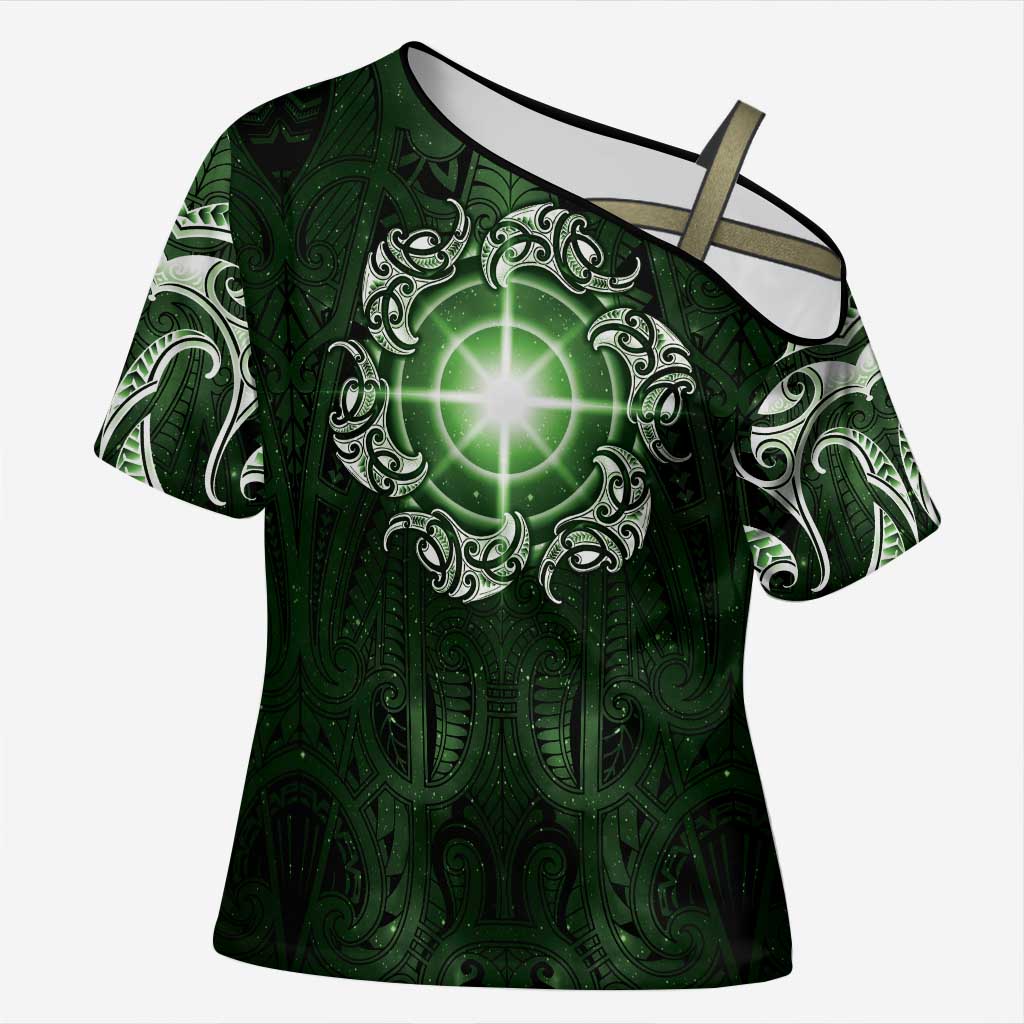 New Zealand Matariki Tupuarangi Cross Shoulder Shirt Maori Moko Green Galaxy LT05 Female Green - Polynesian Pride