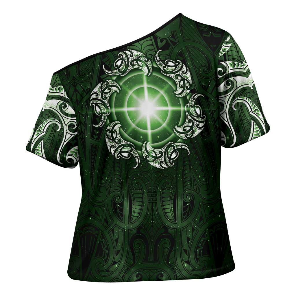 New Zealand Matariki Tupuarangi Cross Shoulder Shirt Maori Moko Green Galaxy LT05 - Polynesian Pride