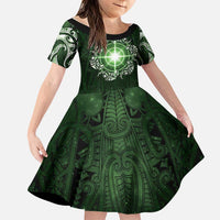 New Zealand Matariki Tupuarangi Family Matching Long Sleeve Bodycon Dress and Hawaiian Shirt Maori Moko Green Galaxy LT05 Daughter's Dress Green - Polynesian Pride