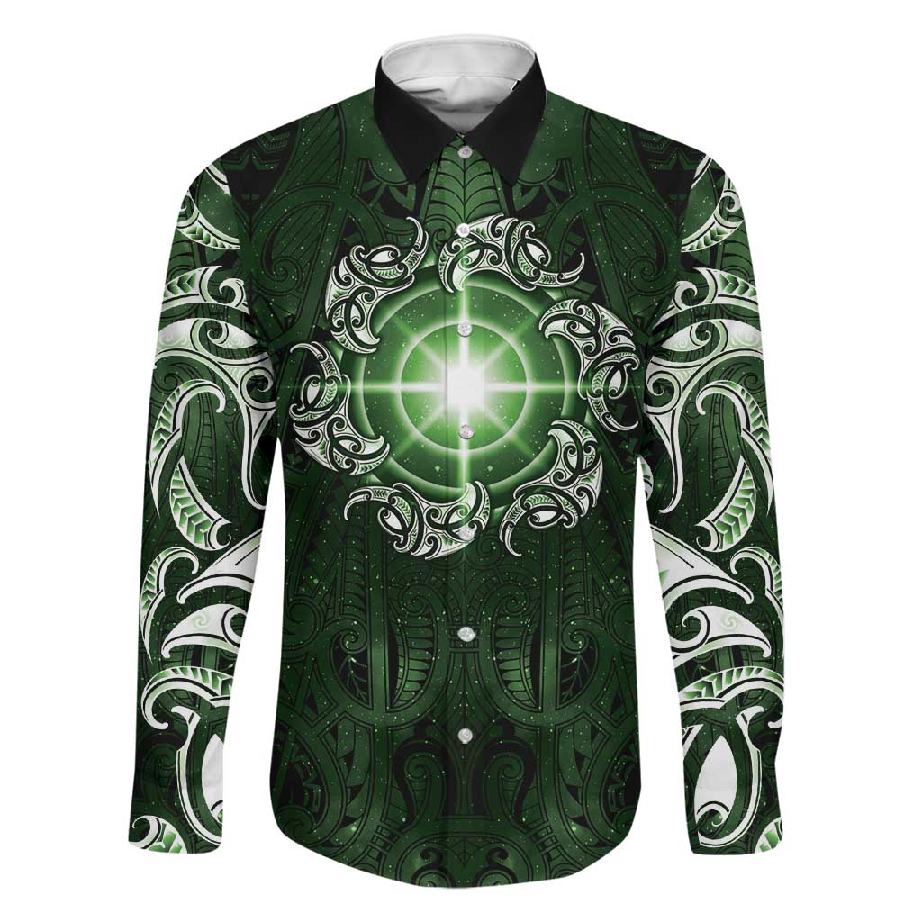 New Zealand Matariki Tupuarangi Family Matching Long Sleeve Bodycon Dress and Hawaiian Shirt Maori Moko Green Galaxy LT05 Dad's Shirt - Long Sleeve Green - Polynesian Pride