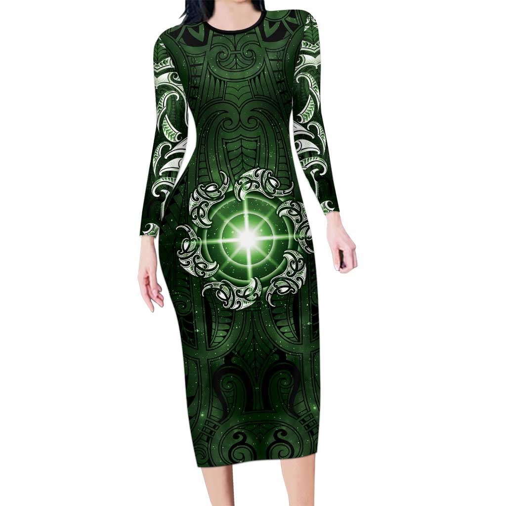 New Zealand Matariki Tupuarangi Family Matching Long Sleeve Bodycon Dress and Hawaiian Shirt Maori Moko Green Galaxy LT05 Mom's Dress Green - Polynesian Pride