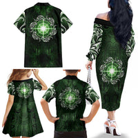 New Zealand Matariki Tupuarangi Family Matching Off The Shoulder Long Sleeve Dress and Hawaiian Shirt Maori Moko Green Galaxy LT05 - Polynesian Pride