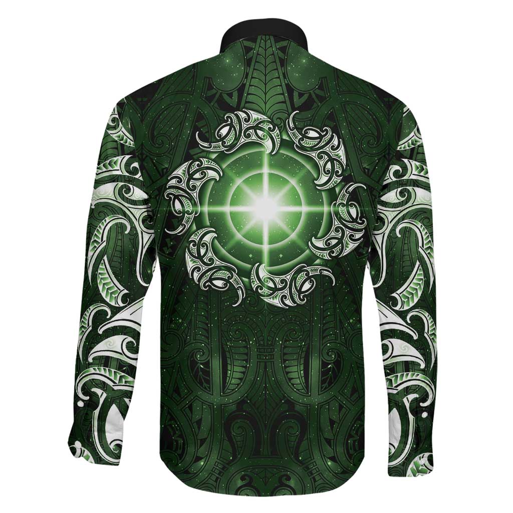 New Zealand Matariki Tupuarangi Family Matching Off The Shoulder Long Sleeve Dress and Hawaiian Shirt Maori Moko Green Galaxy LT05 - Polynesian Pride