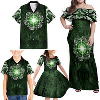 New Zealand Matariki Tupuarangi Family Matching Off Shoulder Maxi Dress and Hawaiian Shirt Maori Moko Green Galaxy LT05 - Polynesian Pride